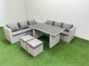 Fimous Rattan Garden Furniture Dining Set 8-seater Patio Rectangular Table Sofa Set with 2 Small Stools Light Grey