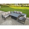 Fimous Aluminium Garden Furniture Sets,7 Seater Outdoor Sofa Dining Set with Adjustable Rising Lifting Dining Table Side Table Cushions for Yard,Poolside, Patio, Dark Grey
