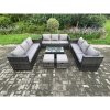 Fimous Outdoor Lounge Sofa Set Wicker PE Rattan Garden Furniture Set with Oblong Coffee Table 2 Small Footstools Dark Grey Mixed