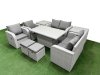 Fimous 8 Seater Outdoor Reclining Chair Love Sofa Set Rattan Garden Furniture Set with Adjustable Lifting Dining or Coffee Table 2 Stools 2 Side Table Light Grey