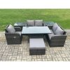 Fimous 6 Seater Rattan Furniture Garden Dining Set Outdoor Height Adjustable Rising lifting Table Love Sofa Chair With 2 Side Tables Big Footstool