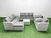 Fimous PE Rattan High Back Lounge Sofa Set Patio Square Coffee Table & Chairs Set with 3 Seater Sofa Reclining Chair Big Footstool 2 Side Table Light Grey