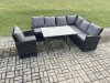 Fimous Outdoor Furniture Garden Dining Set Rattan Corner Sofa Chair Set Rectangular Dining Table with Temper Glass Dark Grey Mixed