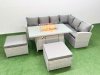 Fimous 8 Seat Rattan Garden Furniture Corner Sofa Set Outdoor Gas Fire Pit Table Set with 2 Big Footstools Light Grey