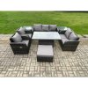 Fimous Wicker PE Rattan Outdoor Garden Furniture Sets Height Adjustable Rising lifting Dining Table Reclining Chair Sofa Set with 2 Side Tables Big Footstool Dark Grey Mixed
