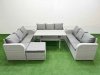 Fimous PE Rattan Lounge Sofa Set 10 Seater Outdoor Garden Furniture Set with Rectangular Dining Table 3 Seater Sofa Big Footstool 2 Side Table Light Grey
