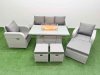 Fimous PE Rattan Garden Furniture Set Reclining Chair Sofa Lounge Sofa Set Firepit Dining Table 3 Stools Light Grey