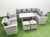 Fimous 10 Seater Garden Outdoor Rattan Furniture Set Rattan Corner Sofa Oblong Dining Table with 2 Armchairs 2 Small Footstools Light Grey Mixed
