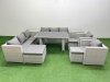 Fimous 11 Seater Wicker PE Rattan Furniture Outdoor Dining Table 3 Seater Sofa Armchair Set with 2 Side Tables 3 Stools Light Grey