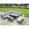 Fimous 11 Pieces Aluminium Garden Furniture Set with Cushions, Patio Furniture Set with Adjustable Rising Lifting Dining Table 3 Footstools Dark Grey