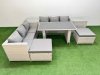 Fimous Rattan Garden Furniture Dining Set 8-seater Patio Rectangular Table Sofa Set with 2 Side Tables 2 Big Stools Light Grey