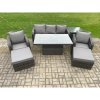 Fimous Outdoor Rattan Furniture Garden Dining Sets Height Adjustable Rising lifting Table Sofa Set With Chairs Side Tables 2 Big Footstools