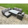 Fimous 8 Seater Outdoor Rattan Garden Furniture Sets Height Adjustable Rising lifting Dining Table Sofa Set with Reclining Chair Big Footstool Dark Grey Mixed