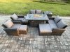 Fimous Outdoor Garden Furniture Sets 9 Pieces Wicker Rattan Furniture Gas Firepit Dining Table Sofa Set with 3 Footstools Side Table Dark Grey Mixed