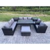 Fimous 9 Seater Outdoor Wicker Garden Furniture Rattan Lounge Sofa Set Patio Rectangular Dining Table with 2 Armchair 2 Side Table Stool Dark Grey Mixed