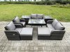Fimous 8 Seater Wicker PE Rattan Garden Dining Set Outdoor Furniture Sofa with Rectangular Dining Table 2 Side Tables 2 Big Footstool Dark Grey Mixed
