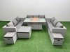 Fimous PE Rattan Lounge Sofa Set Outdoor Garden Furniture Set with Firepit Dining Table 3 Seater Sofa 3 Stools Light Grey
