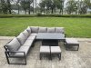 Fimous 12 Seater Aluminium Sofa Set 11 Pieces Outdoor Garden Furniture - Rising Dining Table with Cushions 2 Big Footstools 3 Chairs Footstool Dark Grey