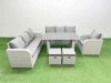 Fimous Rattan Garden Furniture Dining Set 9-seater Patio Rectangular Table Sofa Set with Side Table 2 Small Stools Light Grey