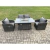 Fimous Rattan Outdoor Garden Furniture Sofa Set Gas Fire Pit Dining Table Gas Heater with Love Sofa 2 Recling Chair Dark Grey Mixed