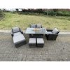 Fimous Rattan Outdoor Furniture Gas Fire Pit Rectangle Dining Table Gas Heater Chairs Two Seater Love Sofa Sets 3 Footstools 7 Seater