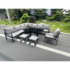 Fimous Aluminum Outdoor Garden Furniture Corner Sofa Chair 2 PC Stools Adjustable Rising Lifting Dining Table Sets Black Tempered Glass Dark Grey 10 Seater