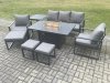 Fimous Aluminium Patio Outdoor Garden Furniture Lounge Sofa Set Gas Fire Pit Dining Table with Side Table 3 Footstools Dark Grey