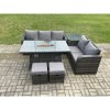 Fimous PE Wicker Outdoor Rattan Garden Furniture Set Propane Gas Fire Pit Table and Sofa set with Side Table 2 Small Footstools
