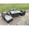 Fimous Rattan Outdoor Garden Furniture Set Gas Fire Pit Dining Table with Chair Love seat Sofa Footstool