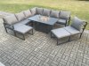 Fimous Aluminium Lounge Corner Sofa Outdoor Garden Furniture Sets Gas Fire Pit Dining Table Set with 2 Big Footstools Dark Grey