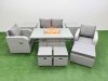 Fimous Light Grey PE Wicker Rattan Garden Furniture Set Sofa Set Reclining Chair Firepit Dining Table 7 Seater 3 Stools 2 Side Table