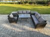 Fimous Outdoor Lounge Sofa Set Wicker PE Rattan Garden Furniture Set with Rectangular Dining Table Reclining Chair 2 Side Tables Dark Grey Mixed
