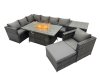 Fimous Rattan Garden Furniture Dining Set 8-seater Gas Firepit Dining Table Corner Sofa Set with Big Stool Side Table Dark Grey Mixed