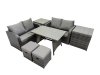 Fimous 6 Seater Garden Outdoor Rattan Furniture Set Rattan Sofa Oblong Dining Table with 2 Small Footstools 2 Side Table Dark Grey