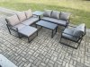 Fimous Aluminium 8 Seater Garden Furniture Outdoor Patio Sofa Set with Rectangular Coffee Table Armchair Big Footstool Side Table Dark Grey