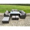 Fimous 9 Seater Outdoor Rattan Garden Furniture Set with Patio Rectangular Dining Table Love Sofa Side Table 3 Footstools Dark Grey Mixed
