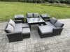 Fimous Outdoor Lounge Sofa Set Wicker PE Rattan Garden Furniture Set with Rectangular Dining Table 2 Seat Sofa 3 Footstools 2 Side Tables Dark Grey Mixed