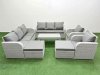 Fimous PE Rattan High Back Lounge Sofa Set Patio Oblong Coffee Table & Chairs Set with 3 Seater Sofa Reclining Chair 2 Big Footstool Light Grey
