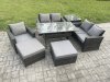 Fimous Outdoor Garden Dining Set Wicker PE Rattan Furniture Sofa with Rectangular Dining Table Double Seat Sofa Side Table 2 Big Footstool Dark Grey Mixed