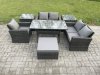 Fimous Wicker Rattan Garden Dining Set Outdoor Furniture Sofa with Dining Table Double Seat Sofa 2 Side Tables Big Footstool Dark Grey Mixed