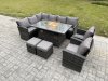 Fimous 10 Seater Rattan Garden Furniture High Back Corner Sofa Gas Fire Pit Dining Table Sets Gas Heater with Armchair 2 Small Footstools Dark Grey Mixed