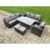 Fimous Outdoor Rattan Garden Furniture Sets Height Adjustable Rising lifting Dining Table Sofa Set with Reclining Chair 2 Small Footstool Dark Grey Mixed