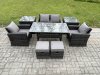 Fimous 6 Seater PE Wicker Outdoor Garden Furniture Set Patio Furniture Rattan Rectangular Dining Table Lounge Sofa with 2 Small Footstools 2 Side Tables