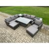 Fimous 9 Seater PE Rattan Outdoor Garden Furniture Sets Height Adjustable Rising lifting Dining Table Sofa Set with 2 Side Tables Reclining Chair 2 Big Footstool