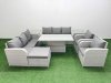 Fimous PE Rattan High Back Lounge Sofa Set Patio Adjustable Lifting Dining or Coffee Table & Chairs Set with 3 Seater Sofa Reclining Chair Big Footstool 2 Side Table Light Grey