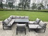 Fimous Aluminium Garden Furniture Sets,10 Seater Outdoor Conversational Dining Set with Adjustable Rising Lifting Dining Table,2 Big Footstools Dark Grey