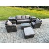 Fimous Outdoor Rattan Garden Furniture Set Patio Lounge Sofa Set with Reclining Chair Rectangular Coffee Table 2 Side Tables Big Footstools Dark Grey Mixed