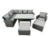 Fimous 9 Seat Rattan High Back Corner Sofa Set Patio Dining Table Set with 2 Big Stools Chair Dark Grey Mixed
