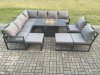 Fimous Aluminium 11 Seater Lounge Corner Sofa Outdoor Garden Furniture Sets Gas Fire Pit Dining Table Set with 2 Big Footstools Dark Grey