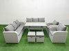 Fimous PE Rattan High Back Lounge Sofa Set Patio Rectangular Dining Table & Chairs Set with 3 Seater Sofa Reclining Chair Stools Side Table Light Grey